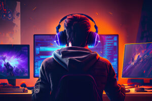 Young man playing computer with headphones