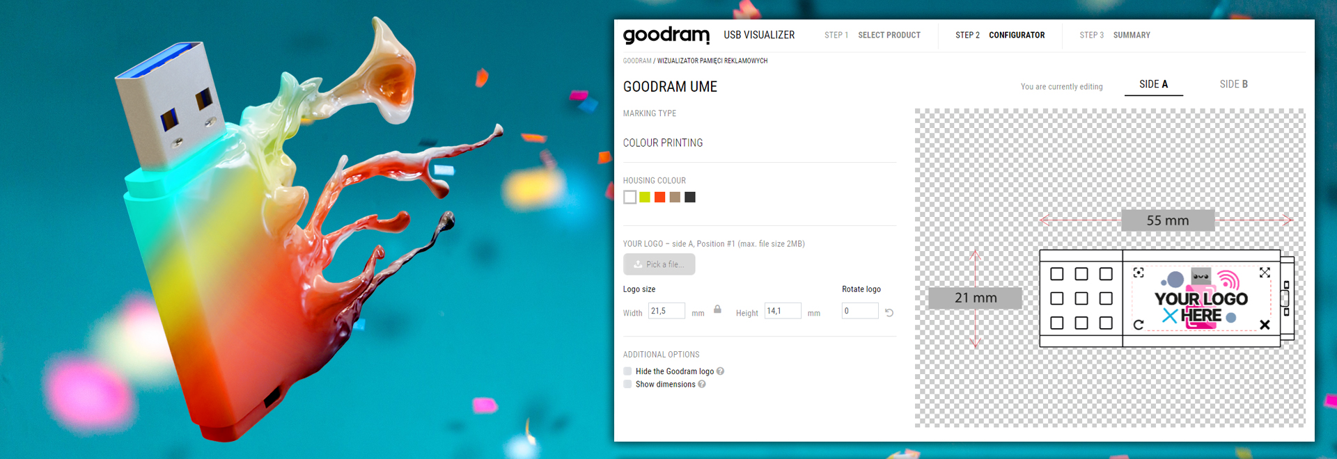 A melting rainbow UME flash drive with a screenshot showing the USB visualizer